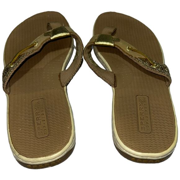 Sperry Top-Sider Gold Glitter Leather Flip Flops Boat Sandals Size 12 Tan - Picture 5 of 10